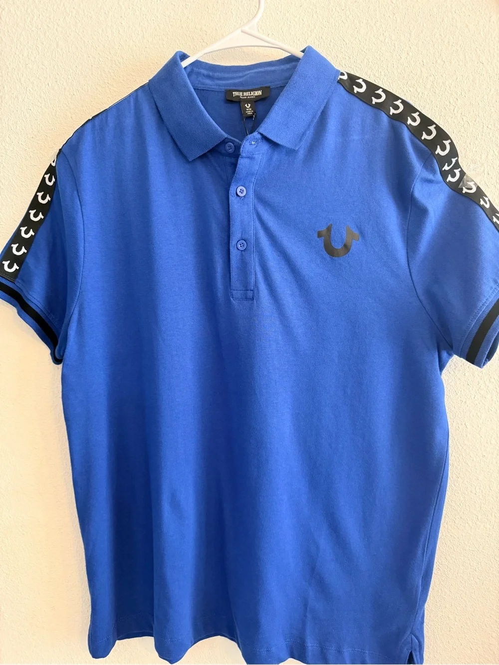 True Religion Blue Polo with Black Logo Tape Trim